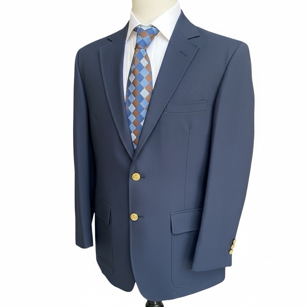 Vintage Orvis 40R Navy Blue Gold Button Hopsack Knit 3 /2 Roll Wool Blend Blazer